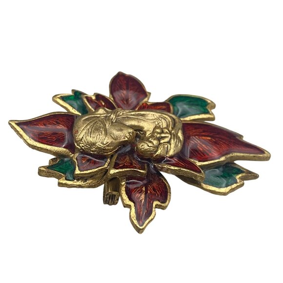 Christmas Virgin Mary Baby Jesus Brooch Pin Enamel Poinsettia 2" Religious - Picture 5 of 7